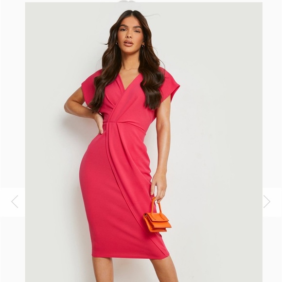 Boohoo Dresses & Skirts - NWT Boohoo Wrap Front Midi Hot Pink Dress